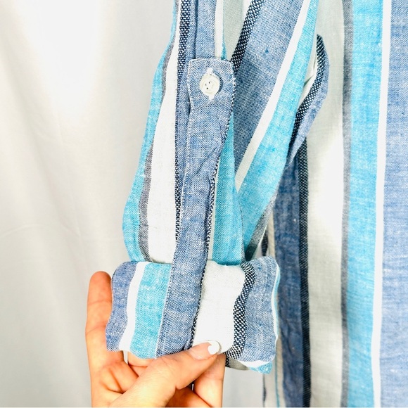 P. Langella Linen Button Down Italian Stripe Shirt Mediterranean Men’s M Blue - Picture 8 of 16